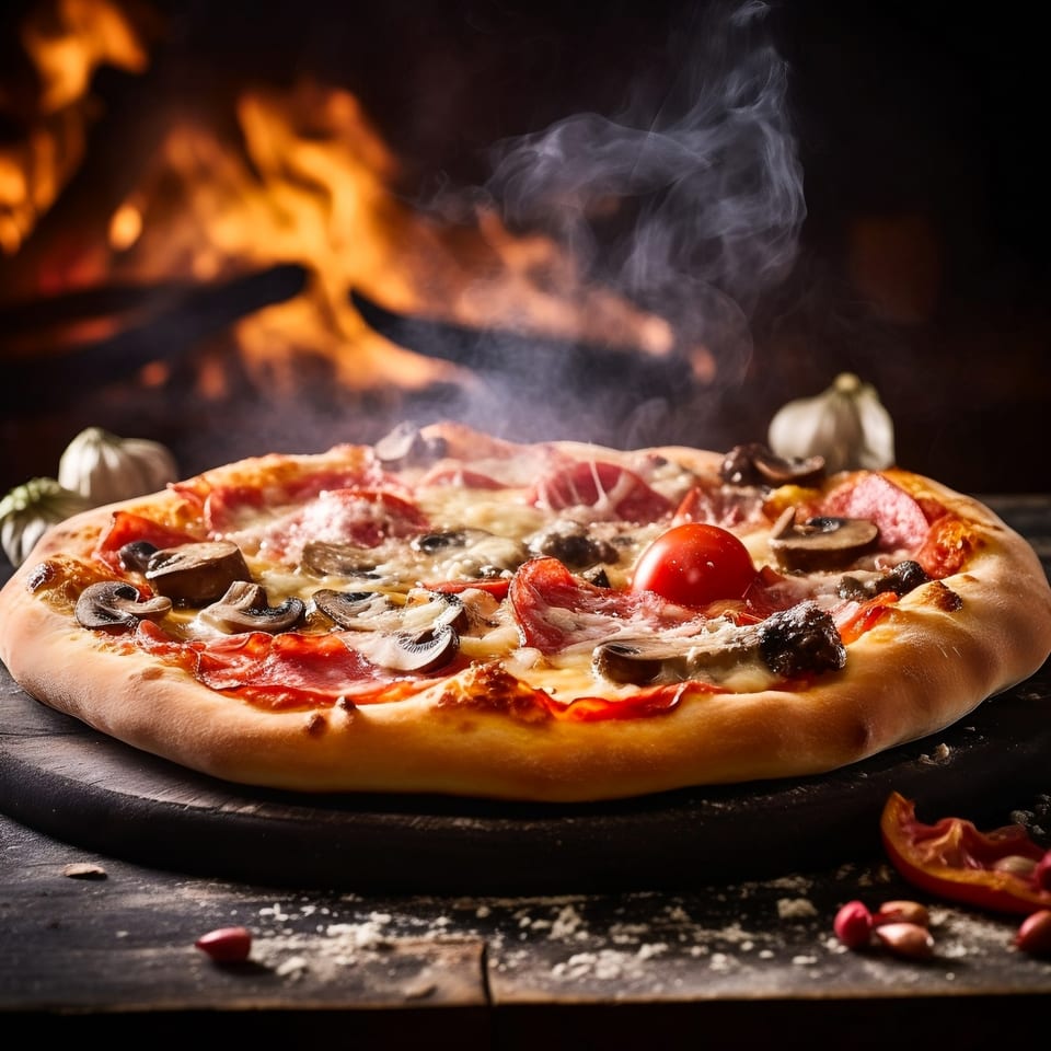 Steaming Soho Pizza with mushrooms, pepperoni, and tomatoes, against a fiery oven background.