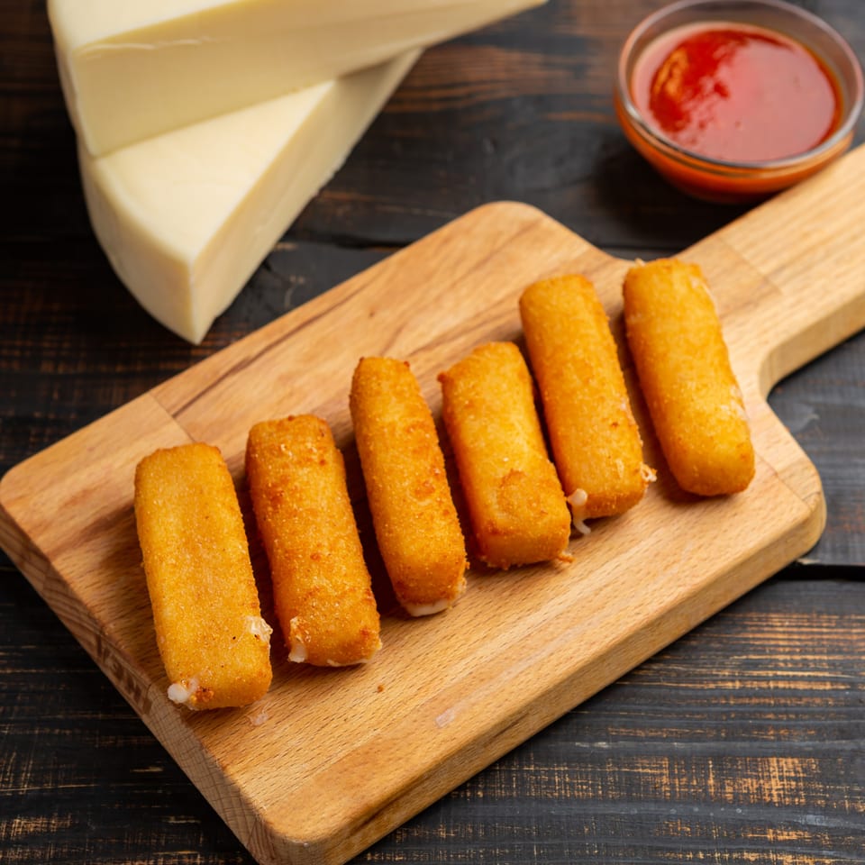 Six golden-brown mozzarella sticks on a wooden board, with a bowl of marinara sauce and cheese in the background.