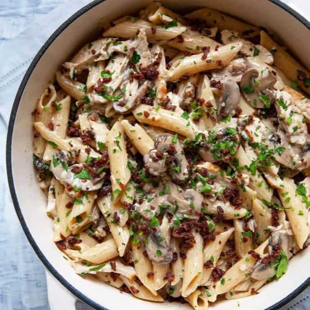 Penne with Mushrooms, Chicken & Bacon.